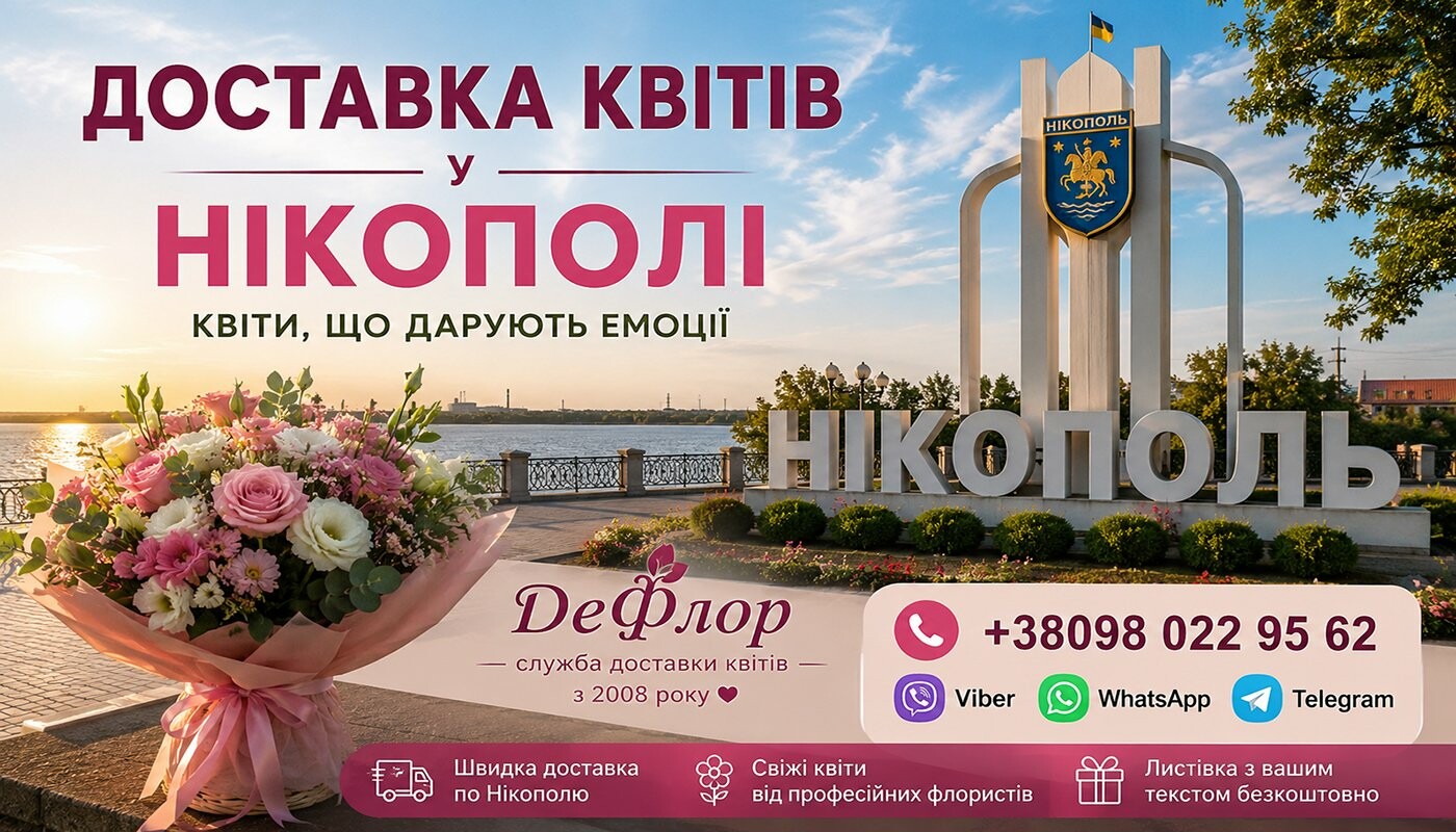 Сучасна доставка квітів у Нікополі від ДеФлор - букети з доставкою по місту Доставка квітів у Нікополі від ДеФлор - букет квітів на фоні стели Нікополя