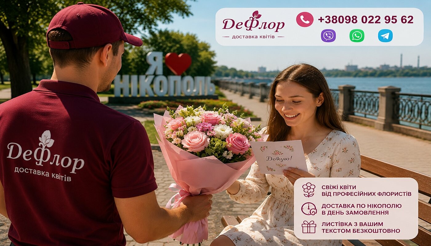 Кур’єрська доставка квітів у Нікополі від ДеФлор - вручення букета та листівки Кур’єр ДеФлор вручає букет дівчині у Нікополі - доставка квітів з листівкою